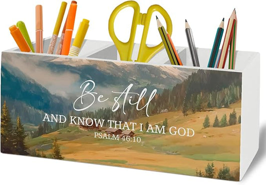 Christian Pen Pencil Holder Organizer for Desk Accessories, Be Still Psalm 46:10 Bible Verse Scripture Wooden Box Sign Desk Decor for Home Bedroom Office Decoration, Christian Gifts for Women