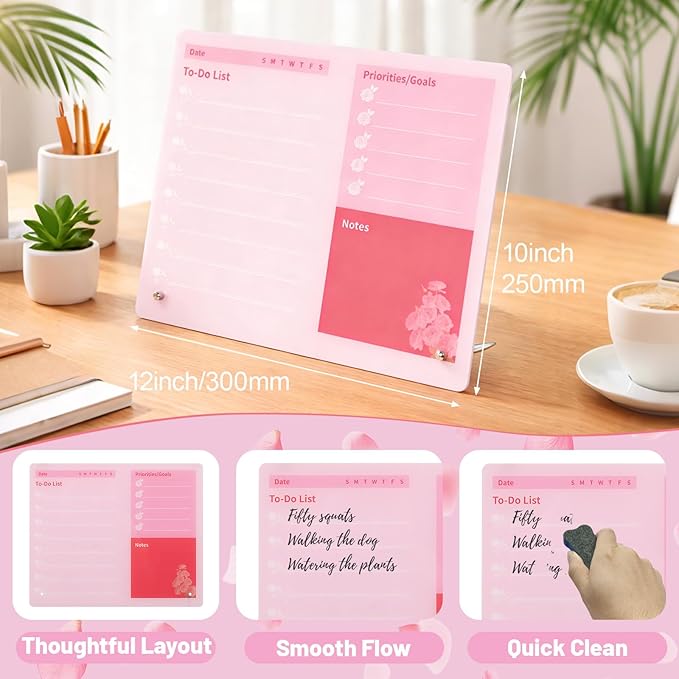 LeMotech Desktop Acrylic Dry Erase Board, 12x10 inches to-Do List Planner, Tabletop Whiteboard with Stand Office Supplies Includes 2 Markers & 1 Eraser,Pink Rose Pattern, 2 Pack