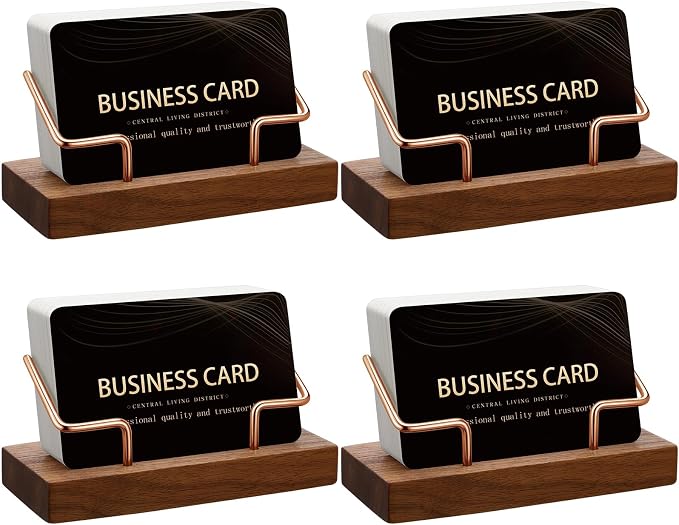 Amyhill 4 Pcs Wood Business Card Holder Display for Desk Metal Wooden Name Card Organizer Business Display Holders for Women Men Office Home Decoration(Rose Gold)