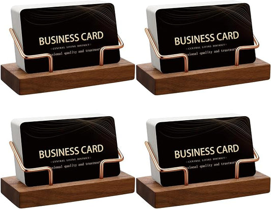 Amyhill 4 Pcs Wood Business Card Holder Display for Desk Metal Wooden Name Card Organizer Business Display Holders for Women Men Office Home Decoration(Rose Gold)