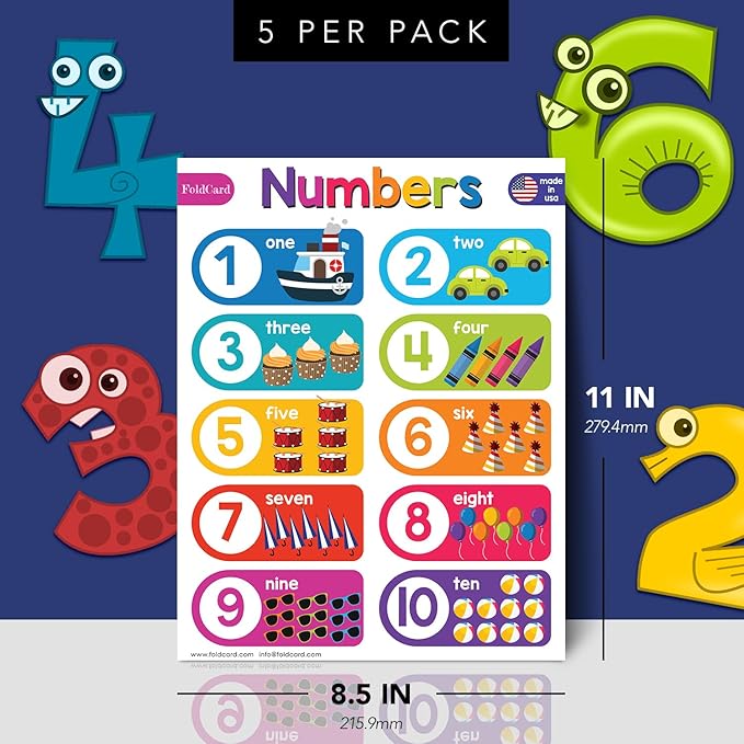 Numbers 1-10 Chart for Preschool to Grade 1 Kids – Bright and Colorful Educational Visual/Learning Aid Poster Decoration for Classroom or Home | Glossy Durable Cardstock | 8.5" x 11" | 5 per Pack