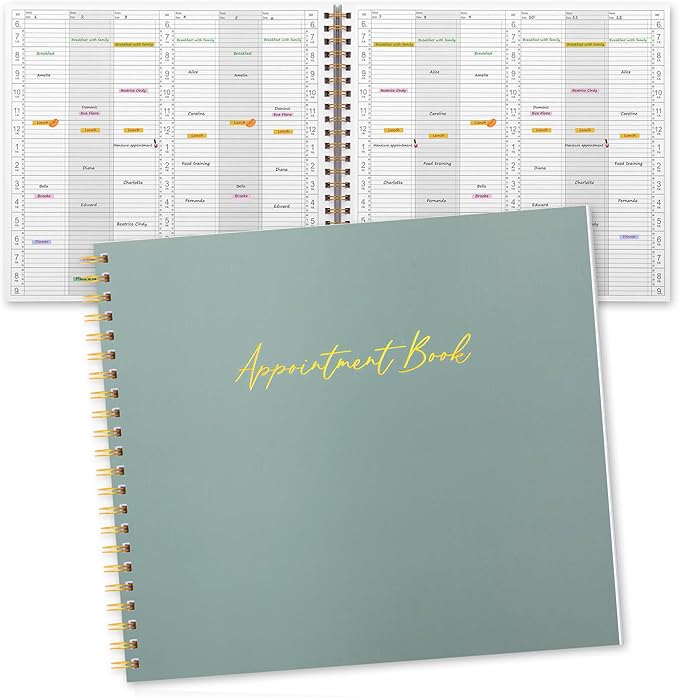 Maitys 2026-2027 Large 6 Column Salon Appointment Book for Hairstylist Spa Business, Hourly Planner 15 Minute Interval, 200 Pages Undated 6 Am 9 Pm Spiral Bound Checklist Planner(Green, Minimalist)