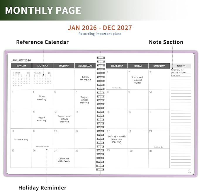 Monthly Planner 2026-2027, 2 year calendar 2026-2027 Calendar Book from Jan 2026 - Dec 2027 with Waterproof PVC Cover, 9'' x 11'', Organize Schedule for School, Office, Family,Purple