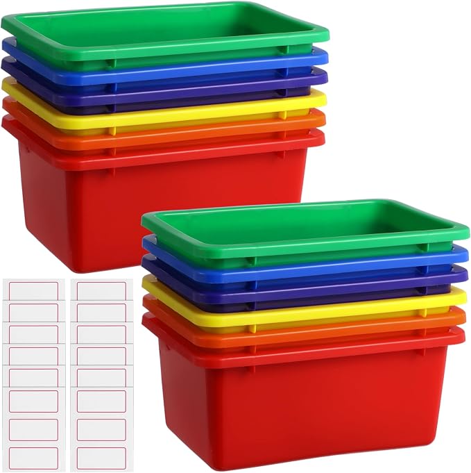 12 Pcs Plastic Cubby Bins with Labels, Plastic Storage Bins and 36 Self-Adhesive Labels, Office Storage Container Assorted Color, Stacking Home Organizer Bin, Classroom Toy Organizing Box