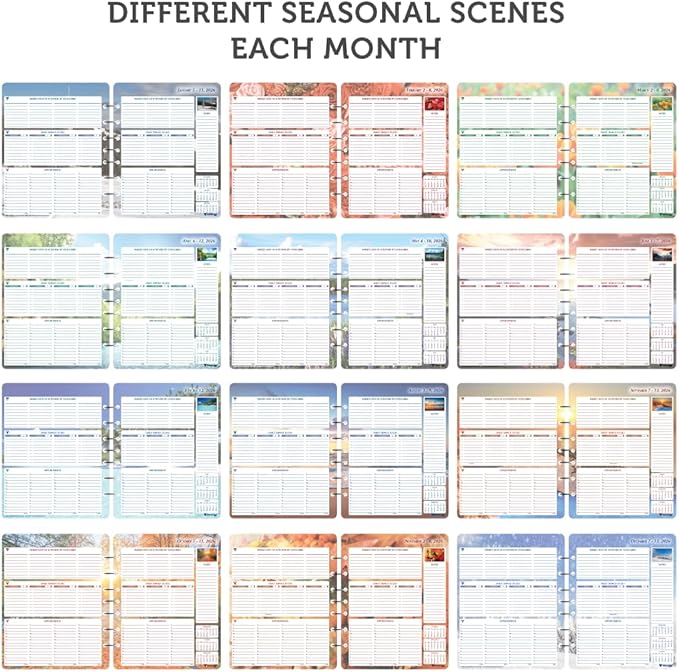 Planner Pad 7 Hole Loose Leaf January-December 2026/ Calendar Year 6 3/4" x 8 1/2" Medium 3-Tier Funnel Down 12 Month Organizer, Seasonal Color Ink