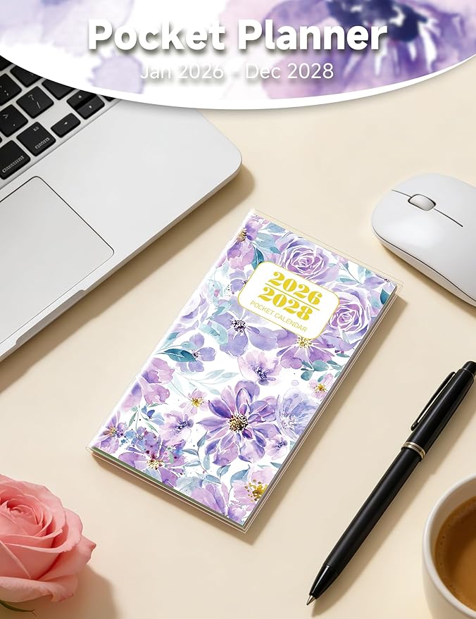 Pocket Calendar 2026-2028 Floral Series, Monthly Planner Jan 2026 to Jul 2028 (3.7" x 6.7") Perfect Purse Calendar, Pocket Agenda with Protective Plastic Sleeve-Violet Floral