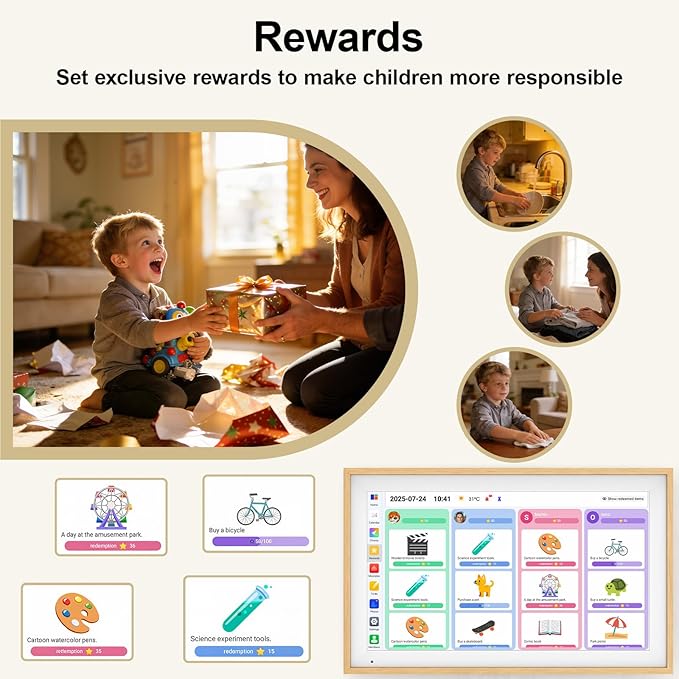 Digital Calendar 15.6" Digital Wall Planners for Family Schedules, Electronic Calendar with 1920*1080 Interactive Touchscreen, Digital Photo Frame Built-in 64GB Memory, Smart Calendar-Wooden