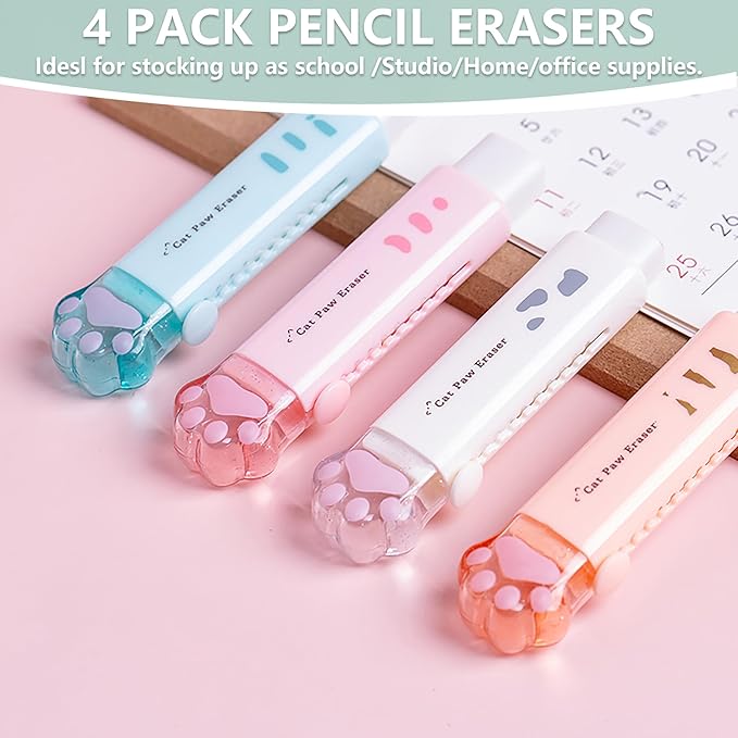 Retractable Pencil Eraser, Cute Erasers,Cat Paw Eraser,Suitable for School Home Office Supplies, 4Pcs (Eraser-BLFC)