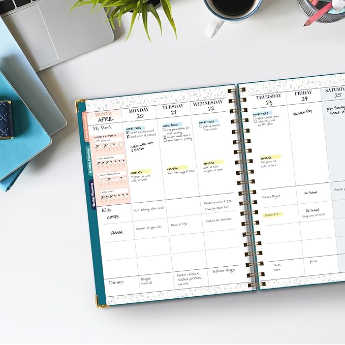 Undated Family Planner Organizer – 8.5" x 11" Weekly & Monthly Calendar for 5+ People, Meal Planning, Budgeting, Habit Tracker – Hardcover, Household Schedule Organizer for Parents, Kids, & Caregivers (Teal Floral)