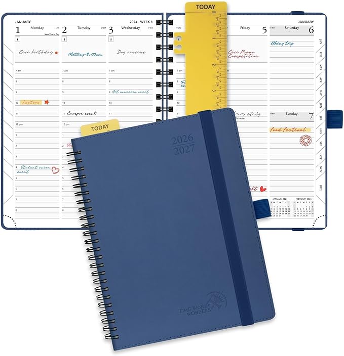POPRUN Planner 2026-2027 (Medium - 6.5'' x 8.5'') Academic Weekly Calendar (July 2026 - June 2027) with Hourly Time Slots, Monthly Tabs, 100GSM Thick Papers, Spiral Leather Cover - Navy Blue