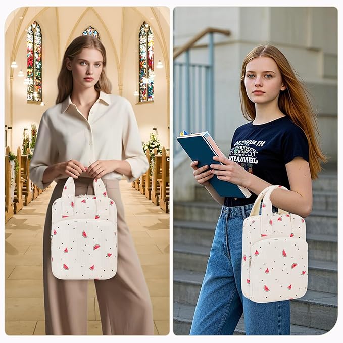 DSIUE Kids Bible Cover Case Gilrs Corduroy Bible Carrying Case Book Holder/Carrier/Bag with Handle and Pockets, Watermelon Beige
