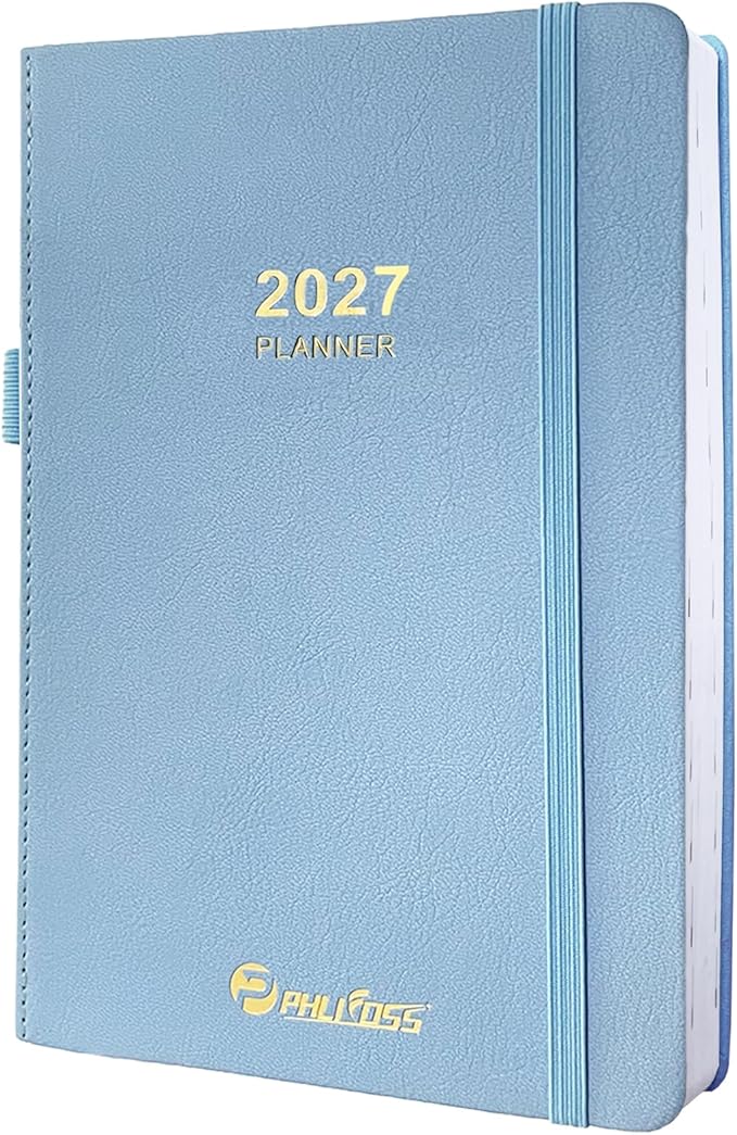 2027 Daily Planner/Calendar, One Page Per Day, Daily Monthly Agenda Planner with Time Slots and Monthly Tabs, Jan - Dec 2027, 5.7" x 8.25" Appointment Book, Pen Holder, Leather Cover (Sky Blue)