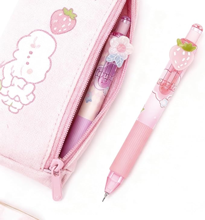 6Pcs Cute Pink Coquette Strawberry Mechanical Pencils with Eraser 0.7mm Kawaii Strawberry Mechanical Pencil School Pencil Cat Gifts for Women Man