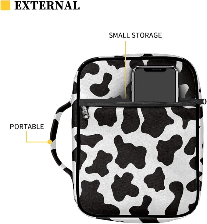 Coldinair Cow Print Bible Cover for Men Women with Handles and Zippered Pocket,Bible Carrying Case,Bible Tote Bag for Kids,Bible Book Cover,Bible Accessories,Christian Gifts
