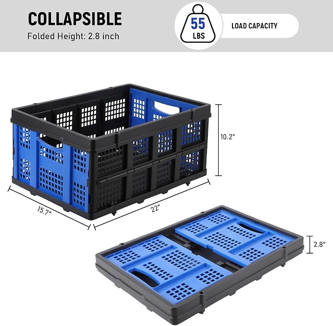 GarveeHome Collapsible Plastic Crate, Foldable Storage Basket, Stackable Utility Crate with Handle, Heavy Duty Milk Crate for Kitchen Office Camping Classroom Storage