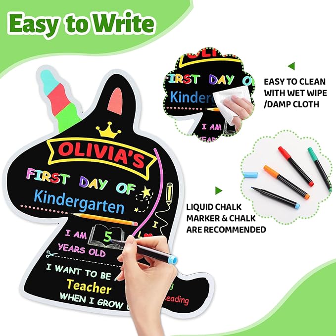 First and Last Day of School Board Reusable, Back to School Chalkboard Sign, Double Sided Preschool Kindergarten Signs for Kids Girls Boys (Cute Unicorn)
