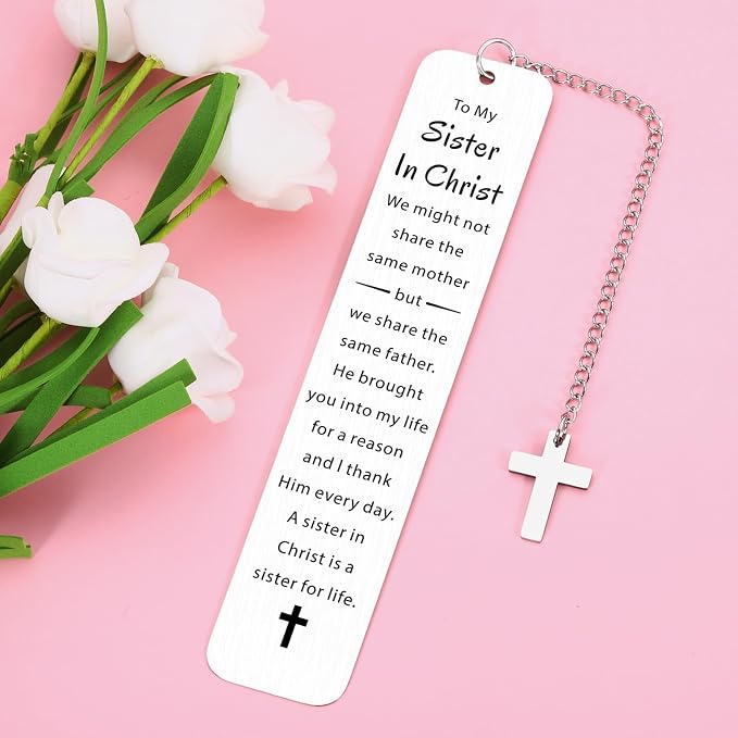 to My Sister in Christ Cross Bookmark Gifts, Secret Sister Gifts for Women Christian, Religious Gift for Female, Baptism Gift for Girls, Inspirational Bible Verse Bookmark, Birthday Gift