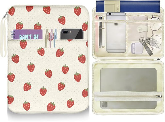 Book Pouch, Book Sleeve with Zipper and Extra Sleeve Pocket Paperback Hardcover Protector, PU Leather Waterproof for Girls Teacher Students-Strawberies