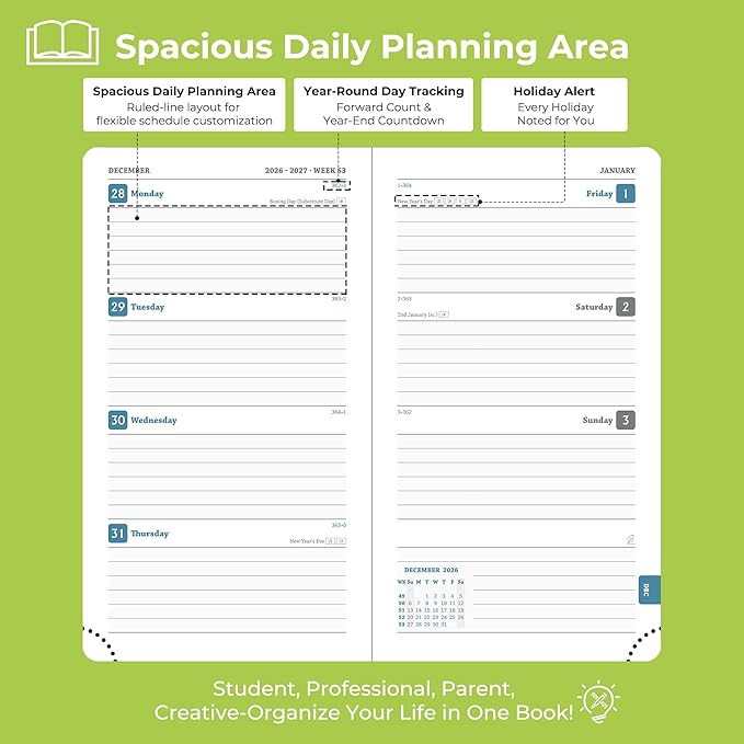 Weekly Monthly 2026-2027 Planner (July 26-Dec 27),6.5"x3.75",18 Months Agenda Plan with Month Tabs & Pocket,Expenses/Note Pages, Academic Calendar with Vegan Leather Cover,Wasabi Green