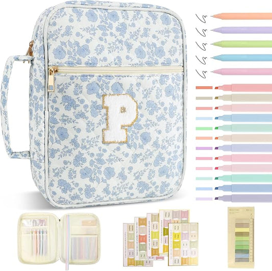 Personalized Initial Bible Cover Case for Women Girls Kid - Large Quilted Bible Case with Handle,Chenille Letter Bag Study Supplies,Christmas Gifts for Christians Birthday Graduation(Blue Flower-P)