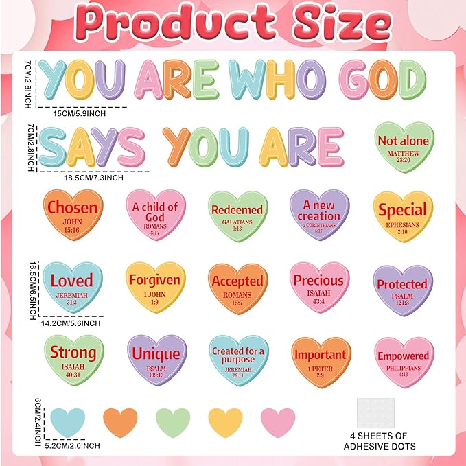 Christian Bulletin Board Decorations Set Motivational Quote Paper Cutout God Says You are Valentine's Day Classroom Wall Decor Conversation Heart Bulletin Board for Sunday School Home Church Supplies