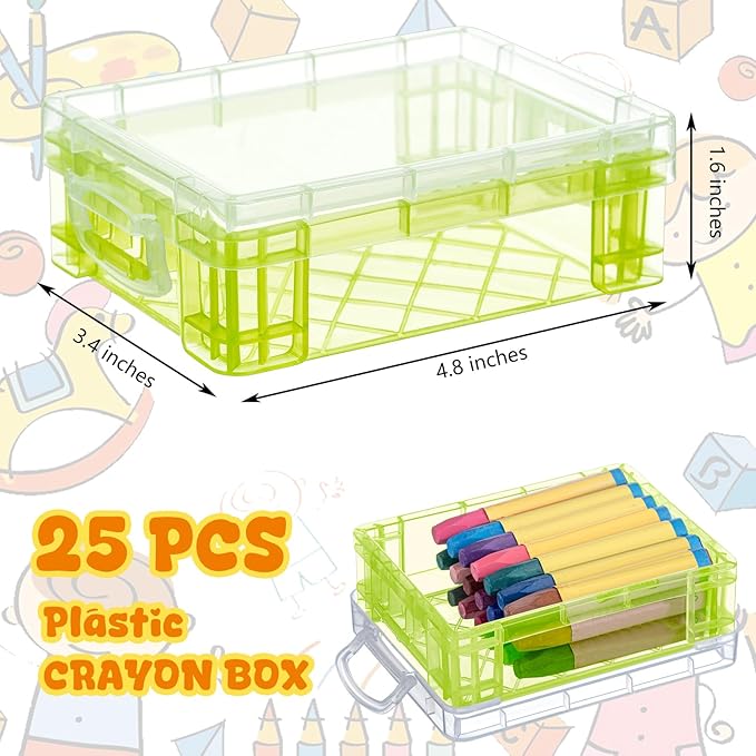 Suzile 25 Pcs Plastic Crayon Boxes with Snap Lids Crayon Storage Organizer Stackable Container Bulk Pencil Case for Pen Crafts Classroom Supplies(Green)