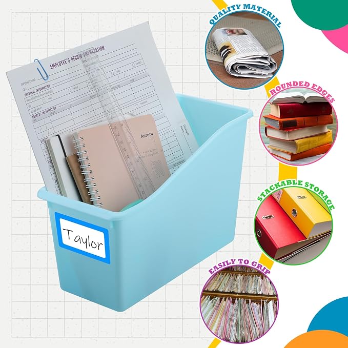 Jinei 24 Pack Waterspout Color Book Bins for Classroom Bulk Binder Holders with Name Labels Plastic Organization Book Baskets Teacher Storage Boxes for Classroom Home Office