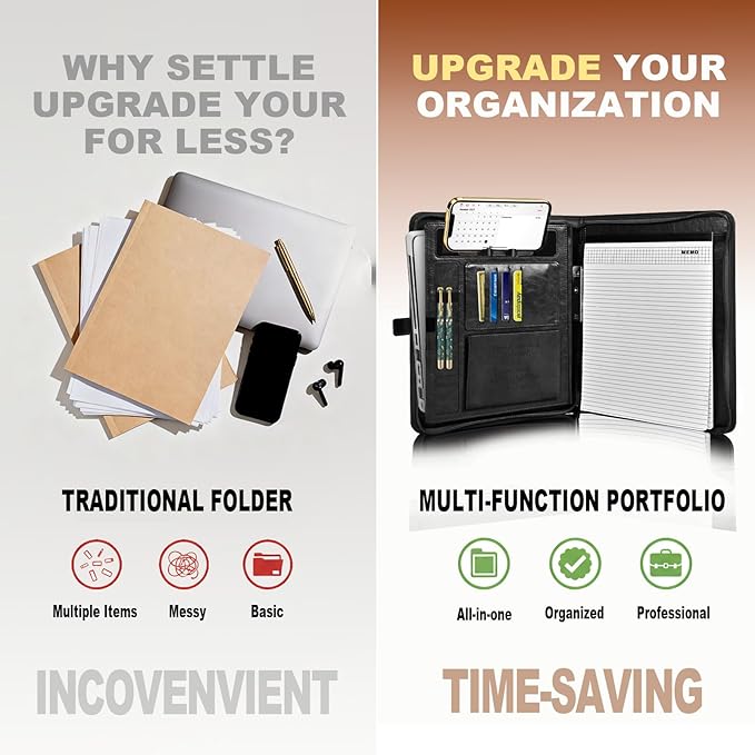 Leather Portfolio for Men and Women – Business Binder Portfolio, Professional Organizer for Men and Women, Christian Gifts, Laptop & iPad Case, Bible Notepad Holder (Black)