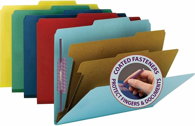 Smead Pressboard Classification File Folder with SafeSHIELD Fasteners, 2 Dividers, 2" Expansion, Letter Size, Blue, 10 per Box (14030)