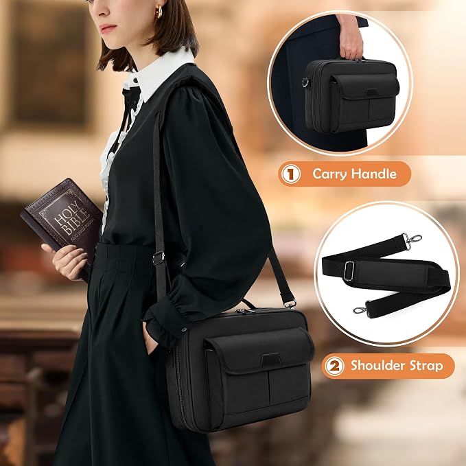 LoDrid Bible Carrying Case for Church with Multiple Pockets, Portable Bible Cover Bag with Handle and Shoulder Strap for Bible Accessories, Black, Bag Only