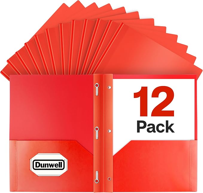 Dunwell Plastic Folders with 3 Prongs, (12 Pack, Red), 2-Pocket Folders with Fasteners, Durable Acid-Free Poly for Long Term Use, Labels Included