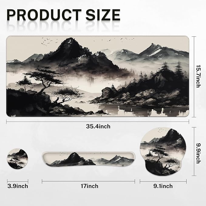 Britimes Black Ink Landscape Keyboard Mouse Pad Set 4in1 Large Mousepad+Keyboard Wrist Rest+Mouse Wrist Rest+Coaster Set with Ergonomic Design for Home Office Computer 35.4x15.7 inches