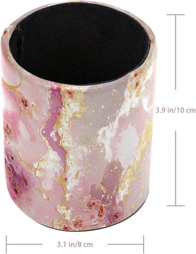 Leather Pen Holder for Desk, Pink Gold Marble Makeup Brushes Holder Pencil Cup Multifunctional Desktop Organizer Caddy for Home School Office Desk Accessories