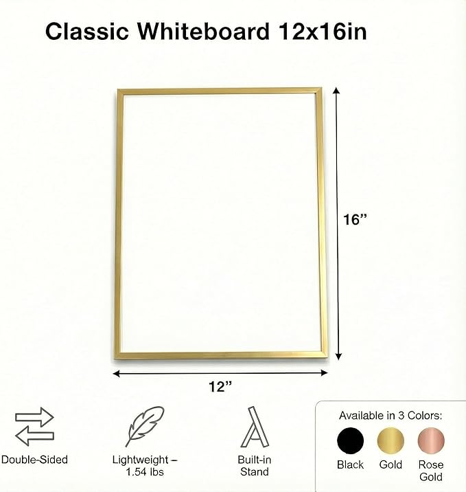 Small Whiteboard 12 x 16 Inch Magnetic Dry Erase Board with Stand & Wall Mount | Gold Aluminum Frame | Planner Board with Weekly & Monthly Sheets | 3 Markers, Eraser & 2 Magnets
