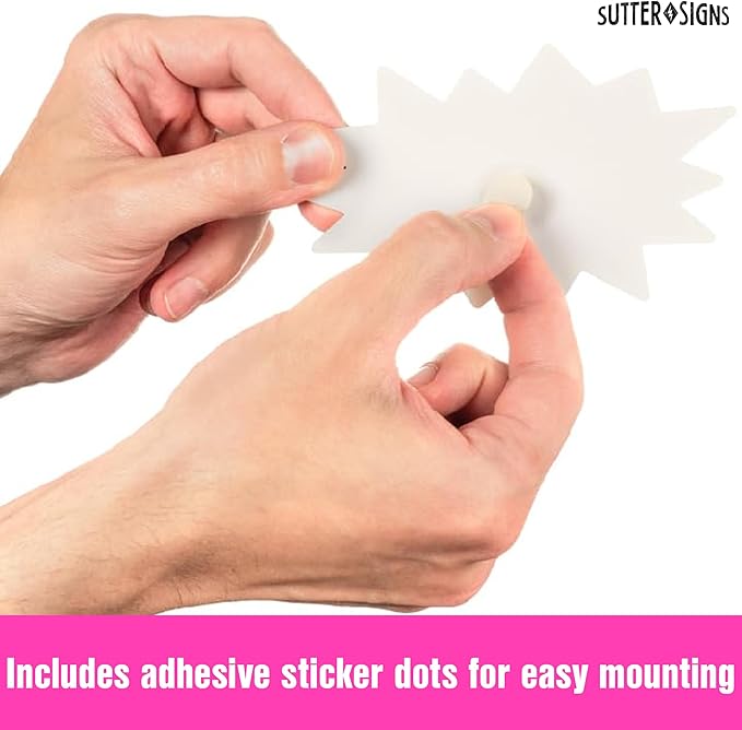 Starburst Signs with Stickers 100pcs | Price Tags for Garage, Estate, Yard Sales. 50pcs Sign Cards & 50pcs Sticker Dots. Neon 3x5 inch