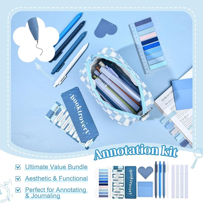 14 PCS Aesthetic Book Annotation Kit Large Checkered Pencil Case Book Lover Bookmark Dual Highlighters Gel Pens Study Supplies Stationary Set for Student Blue