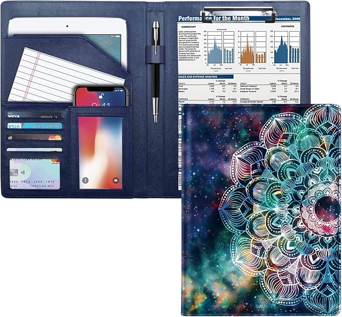 WAVEYU Business Portfolio Folder for Men Women, Padfolio Cover, Conference/Resume/Legal Document Organizer with Letter/A4 Size Clipboard Hardboard, Business Card Holders, Document Sleeve, Mandala