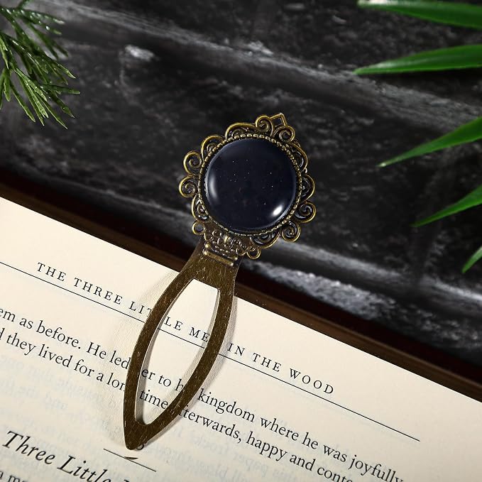 2Pcs Black Obsidian&Green Aventurine Bookmark with Natural Crystal Stone - Vintage Brass Metal Bookmarks for Reading Women, Men, Book Lovers, Girls and Teachers Book Marks(Black Onyx&Green Jade)