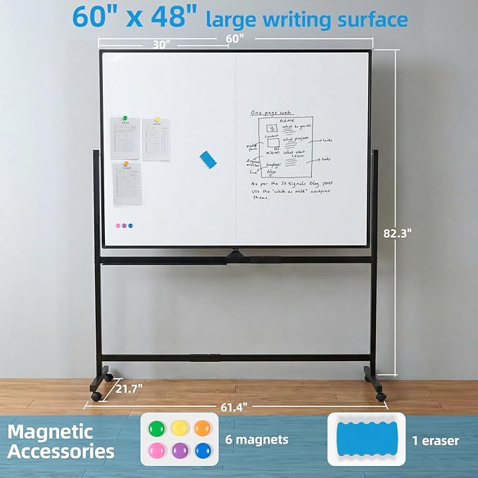 VOWNER Double-Sided Magnetic Whiteboard, 60" x 48" Mobile Dry Erase Board, Reversible Rolling White Board with Aluminum Frame & Stand, for Home Office, Classroom, School, Black