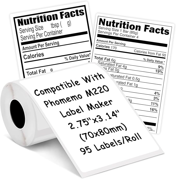 M220 Thermal Labels Compatible with Phomemo M221/M220/M120/M200/M250 Label Printer,2.75"x3.14"(70x80mm), 95 Labels/Roll, Black on White