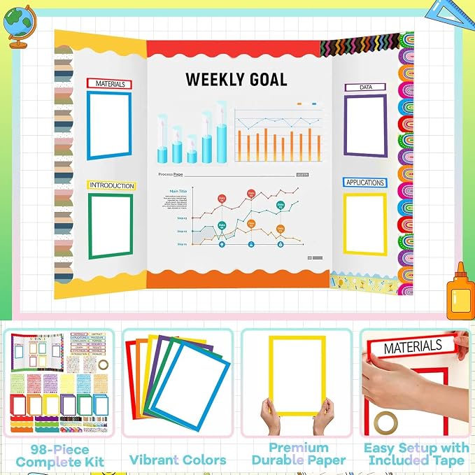 Science Fair Board Supplies 98 Pcs Includes 24 Presentation Boards 60 Trim Scalloped Bulletin Borders 8 Science Fair Titles 5 Letter Stickers 1 Double-Sided Tape for Scientific Display (Multicolor)