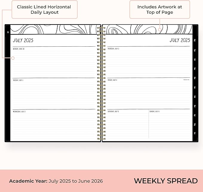 Blue Sky Idlewild 2025-2026 Weekly and Monthly Academic Year Planner Calendar, July 2025 - June 2026, 8.5" x 11", Flexible Cover, Wirebound, Laminated Tabs, Storage Pocket, Black Swirl