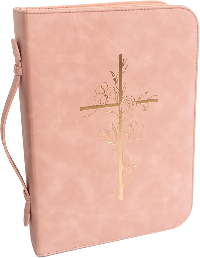 Bible Cover Case for Women – PU Leather Large Bible Case with Minimalist Debossed Design – Christian Bible Accessories for Girls & Women (Pink/Gold)