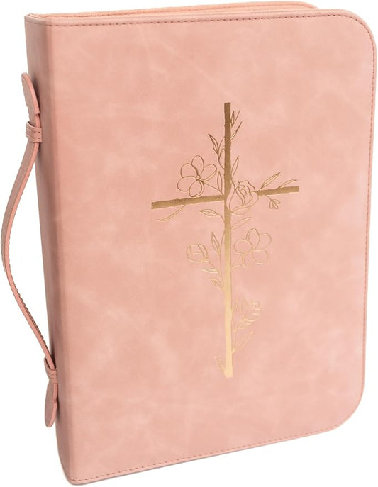Bible Cover Case for Women – PU Leather Large Bible Case with Minimalist Debossed Design – Christian Bible Accessories for Girls & Women (Pink/Gold)