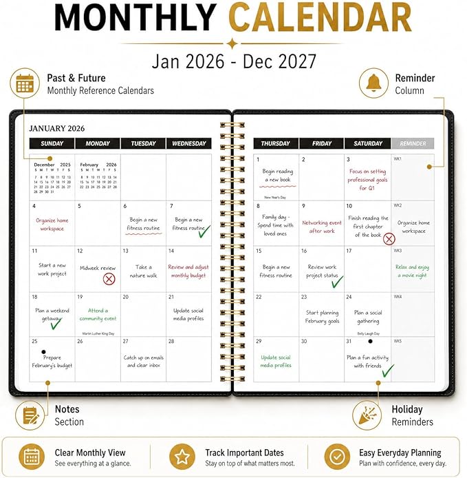 Monthly Planner 2026-2027, Jan 2026 - Dec 2027, 2 Year Calendar Planner, 7.5" x 10" Spiral Bound Monthly Agenda with Goals, To Do List, Habit Tracker & Notes Pages for School Office Home