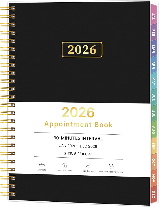2026 Appointment Book, 30 Minutes-Hourly, Weekly ＆ Monthly Calendar Planner 2026, Jan 2026 - Dec 2026, 6.2'' x 8.4'', 2026 Daily Planner with Tabs ＆Pocket, Flexible Cover, Great for Office, Home, School