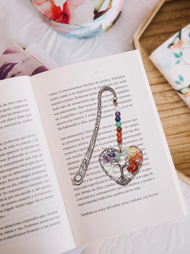 Jovivi 7 Chakra Crystal Bookmark,Antique Copper Metal Bookmark,Handmade Vintage Healing Crystals Heart Tree Life Tumbled Gemstone Pendant Bookmarks Gifts for Women Men Book Lovers