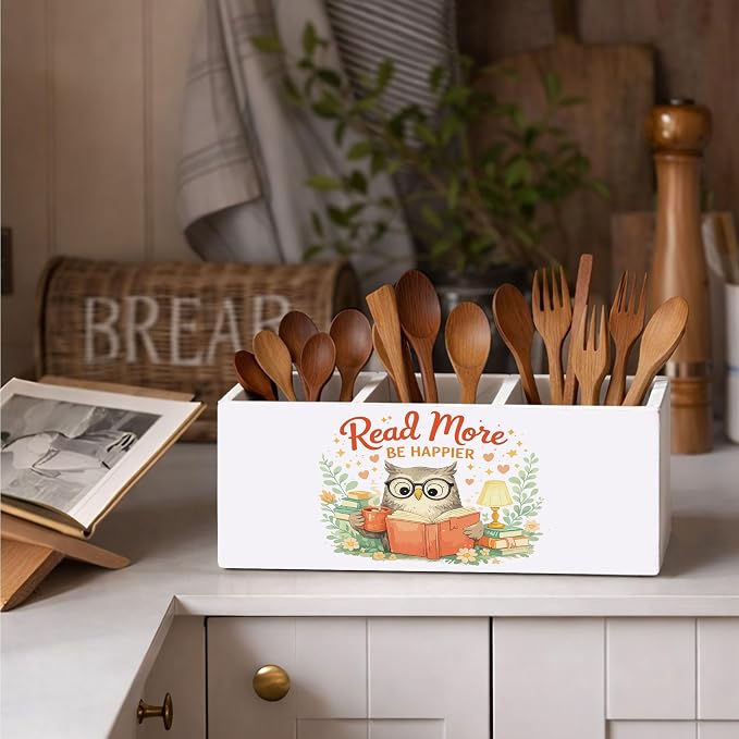 Reading Desk Organizer Wooden Pen Pencil Holder for Desk, 3 Compartments Office Accessories, Read More Be Happier Owl Decor, Book Lover Gifts for Women Teachers Home Office Storage