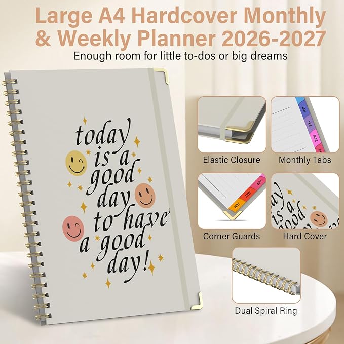 Planner 2026-2027, A4 Hardcover Weekly and Monthly Calendar Planner from July 2026 - June 2027, 8.5" x 11" Daily Agenda with Monthly Tabs, Spiral Bound, Inner Pocket, Cute Journal Organizer Notebook for Office School-Smiley Face