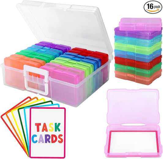 Xuhal 16 Pcs Multicolor Task Boxes for Special Education with 18 Adhesive Labels and Clear Storage Case, 4'' x 6'' Index Card Holder Task Card Boxes for Teachers Classroom Supplies Photo Storage